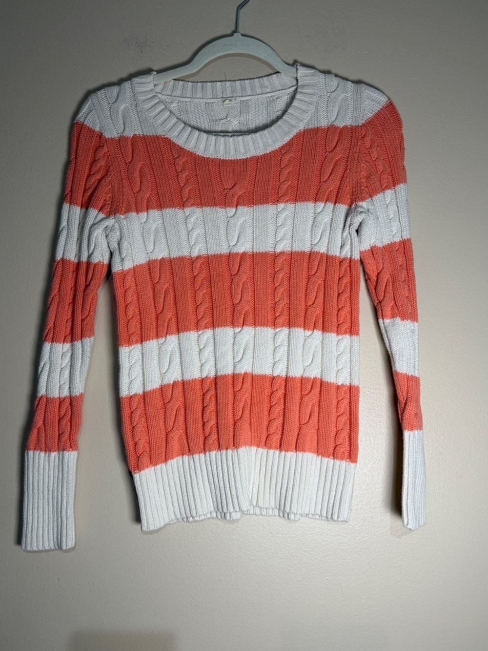 J. Crew Coral and White Striped Cable Crewneck Sweater